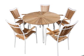 Teak ø130 cm trädgårdsbord med 5 stolar vit aluminiumram.